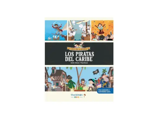 Ilustración de "Los Piratas del Caribe" con escenas animadas y texto que indica "piratas del caribe edad recomendada".