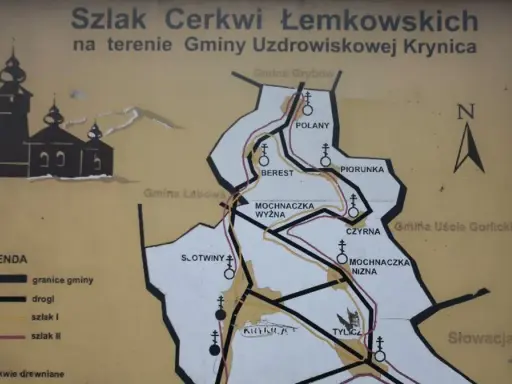 Mapa szlaku cerkwi łemkowskich w gminie Krynica. Widoczne nazwy miejscowości: Polany, Berest, Piorunka, Tylicz.