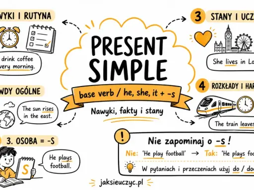 Grafika wyjaśnia Present Simple: nawyki, prawdy ogólne, stany, rozkłady i 3. osobę. Zawiera przykłady zdań po angielsku.