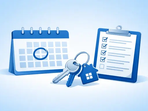 Un calendrier avec une date marquée, des clés et une liste de contrôle, symbolisant la planification de la date d'état des lieux de sortie.