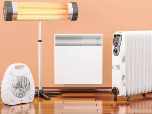 Drei Heizgeräte: ein Heizstrahler, ein Heizkörper und ein Lüfter. Effiziente Elektroheizung für Ihr Zuhause.
