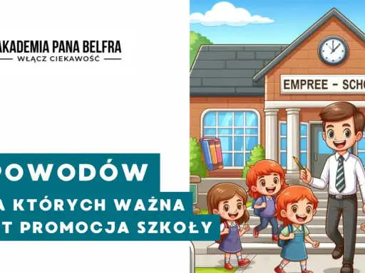 Akademia Pana Belfra: 5 powodów, dla których ważna jest promocja szkoły. Uśmiechnięty nauczyciel i dzieci przed budynkiem szkolnym.