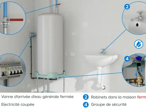 Schéma d'installation chauffe eau : vanne d'eau fermée, électricité coupée, robinets fermés, groupe de sécurité.