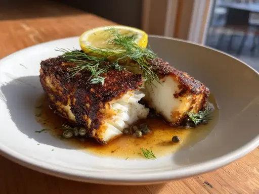 En portion rimmad torsk med krispig yta, serverad med citron, dill och kapris i en ljus sås.