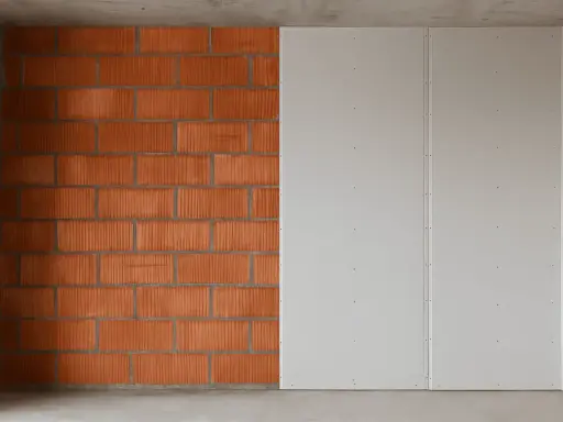 Proceso de colocar pladur sobre pared de ladrillo visto. La mitad izquierda muestra ladrillos naranjas, la derecha paneles blancos.