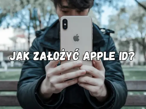 Mężczyzna trzyma iPhone'a z napisem "Jak założyć Apple ID?".