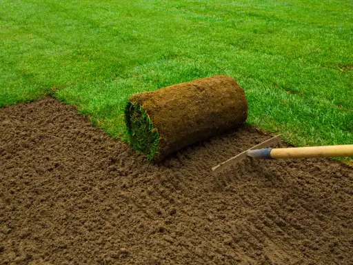 Préparer le sol pour comment refaire sa pelouse. Un rouleau de gazon est prêt à être posé sur la terre fraîchement ratissée.