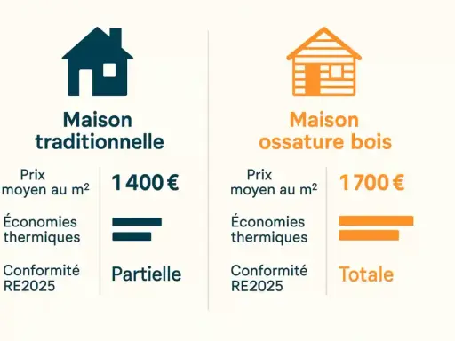 Comparaison : maison traditionnelle (1400€/m², économies partielles) vs maison ossature bois (1700€/m², économies totales). Le prix m² d'une maison ossature bois est plus élevé.