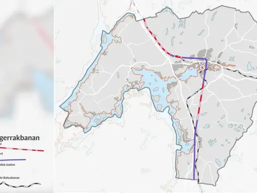 Karta över Skagerrakbanan som visar sträckningar ovan och under jord. Bohusleden syns som en linje.