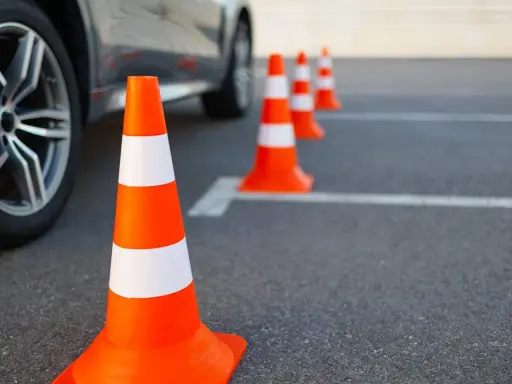 Pomarańczowe pachołki na placu manewrowym. Zastanawiasz się, jakie prawo jazdy potrzebne na autolawetę?
