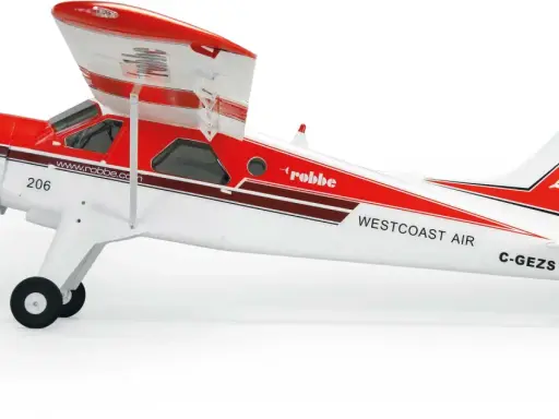 Ein rotes und weißes Modellflugzeug, ein "Beaver Flugzeug", mit der Aufschrift "Westcoast Air" und einer Taube auf dem Heck.