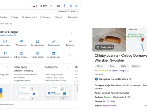 Zarządzaj swoim **profil firmowy Google** dla piekarni "Chleby Joanna". Dodaj zdjęcia, menu i opcje dostawy.