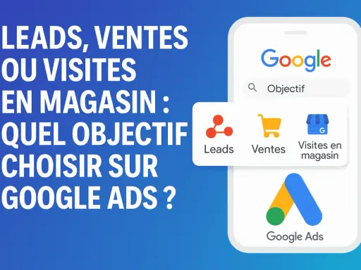 Choisir le bon objectif sur Google Ads : Leads, ventes ou visites en magasin ? L'image illustre ces options.