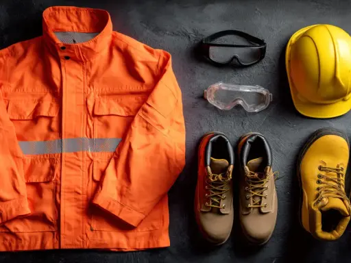 Conjunto de equipo de protección individual (EPI) para trabajo: chaqueta naranja reflectante, casco amarillo, gafas de seguridad, guantes y botas de trabajo.