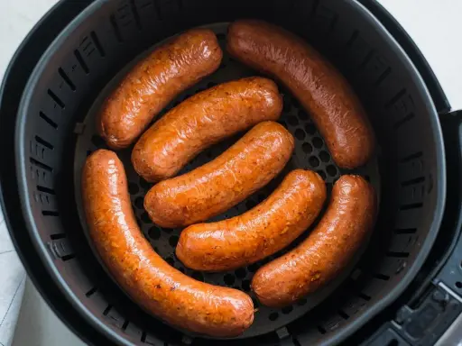 Salsiccia dorata e succulenta in friggitrice ad aria, pronta per essere gustata.