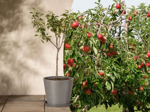 Ein junger Apfelbaum im Topf neben einem reifen, fruchttragenden Apfelbaum. So könnte es aussehen, wenn man einen Apfelbaum pflanzt und ihn wachsen sieht.