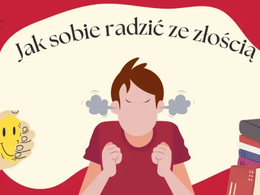 Chłopiec zły, z uszu leci dym. Ręka trzyma uśmiechniętą buźkę. Jak sobie radzić ze złością? Książki i żarówka pomysłów.