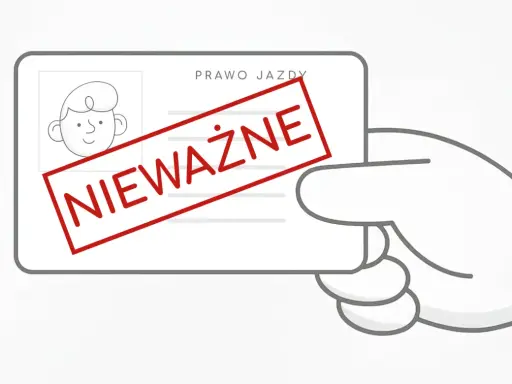 Dłoń trzyma prawo jazdy z rysunkiem twarzy i napisem "NIEWAŻNE". To symbol sytuacji, kiedy zabierają prawo jazdy.