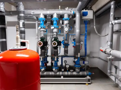 Impianto idraulico con serbatoio rosso e pompe. Manometri indicano che l'autoclave pressione troppo alta potrebbe essere un problema.