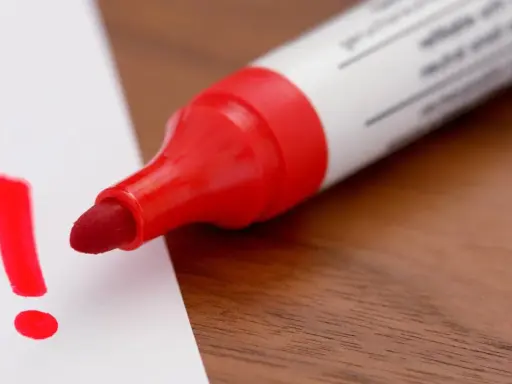 Roter Filzstift schreibt ein Ausrufezeichen auf weißes Papier. Ein wichtiger Hinweis, der sich leicht vom Filzstift von Haut entfernen lässt.