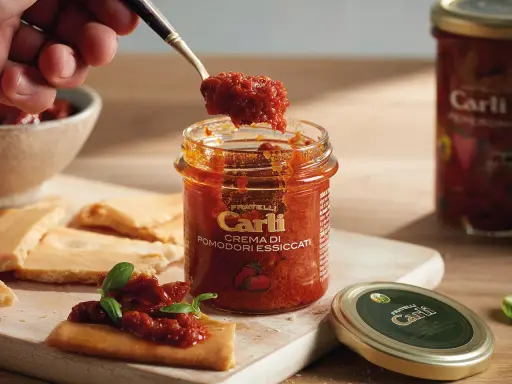Une cuillère prélève de la crème de tomates séchées d'un pot Carli. Servie sur des crackers avec du basilic.