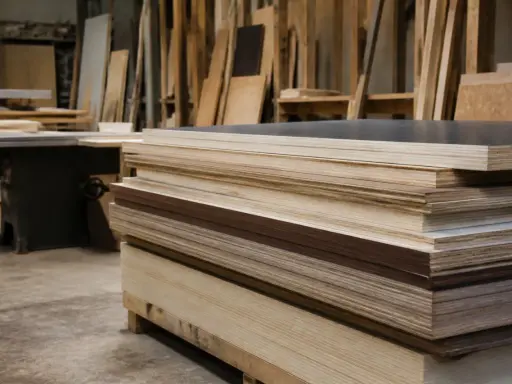 Pile de contreplaqué marine prête à être peinte. Des planches de bois sont empilées dans un atelier.