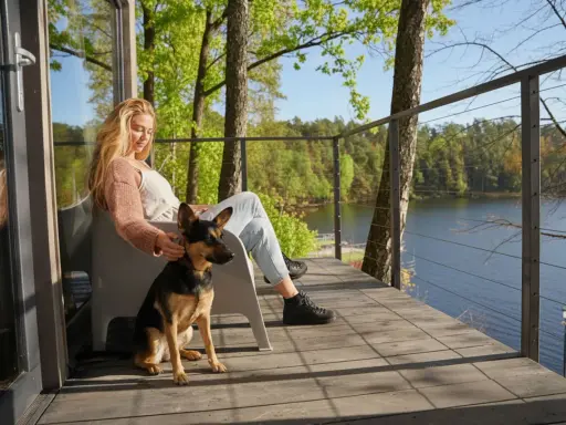 Relaks na tarasie z widokiem na jezioro. Kobieta głaszcze swojego psa, ciesząc się spokojem mazurskiej przyrody. Idealne mazury z psem.