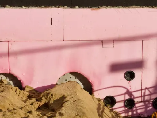 Aislamiento rosa con agujeros para tuberías y montones de arena. Se aprecian sombras y orientaciones cte.