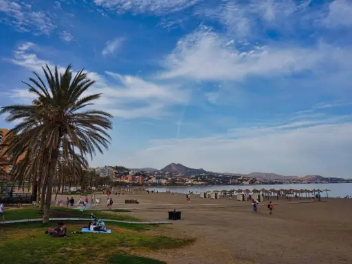 Sonniger Strand an der Costa del Sol mit Palmen, Menschen und dem Meer im Hintergrund.