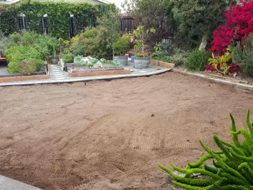 A cleared, sandy patch of yard, ready for new planting. This area, once grass, is now prepped for a garden, showing how to kill grass for a fresh start.