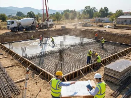 Obreros supervisan el vertido de hormigón en una obra, siguiendo el diseño de estructuras. Camión hormigonera y grúa en acción.