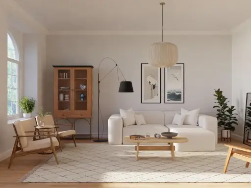 Ein Wohnzimmer im skandinavischen Design-Stil mit beiger Couch, Holzboden und einem Schrank.