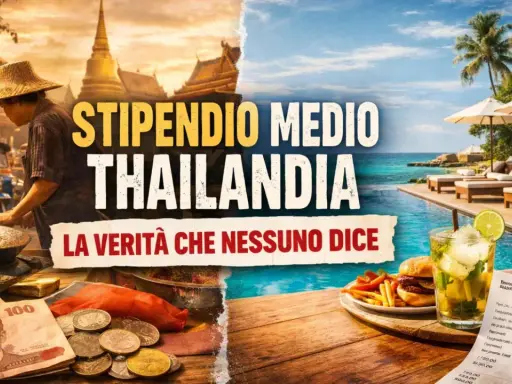 Stipendio medio Thailandia: contrasto tra cibo di strada, banconote e lusso di resort con cocktail e hamburger.