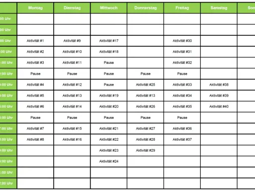 Ein detaillierter Wochenplan, der hilft, den Tag zu strukturieren. Hier kann man seinen persönlichen lernplan erstellen und Aktivitäten sowie Pausen eintragen.