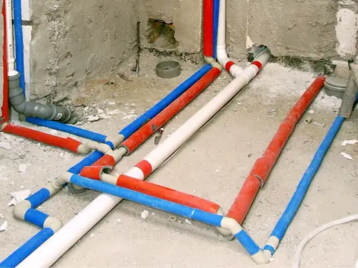 Skomplikowana instalacja wodociągowa z rurami w kolorach czerwonym, niebieskim i białym, przygotowana do ukrycia w ścianie.