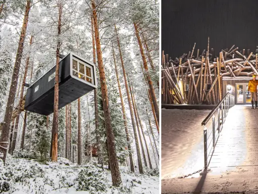 Trädkoja i Harads, Sverige, svävande bland snöklädda tallar. Till höger, en bro leder till en byggnad med en unik fasad av träpinnar.