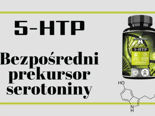 Butelka suplementu 5-HTP i wzór chemiczny serotoniny.