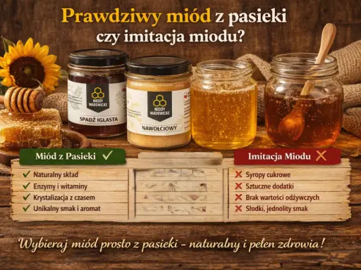 Jak rozpoznać prawdziwy miód? Porównanie miodu z pasieki i imitacji: naturalny skład, enzymy, krystalizacja, smak vs. syropy, dodatki, brak wartości.