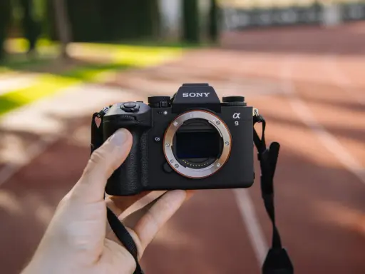 Dłoń trzyma aparat Sony Alpha 9 z obiektywem. Jego zaawansowany **global shutter** pozwala na uchwycenie dynamicznych scen bez zniekształceń.