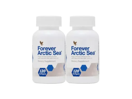 Dwie butelki suplementu Forever Arctic Sea, zawierającego kwasy omega-3 z ryb i kalmarów, niczym skarby z arktycznego morza.