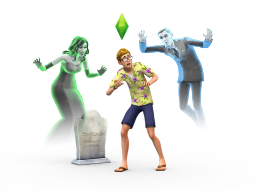 Przerażony Sim w hawajskiej koszuli próbuje dowiedzieć się, jak przywołać ducha w The Sims 4, podczas gdy dwa zjawy groźnie się do niego zbliżają.