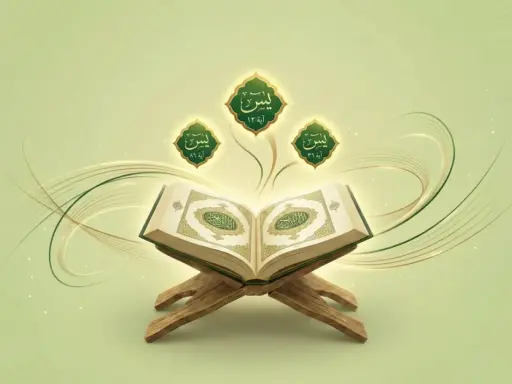 Ein aufgeschlagenes Buch auf einem Holzständer, umgeben von leuchtenden arabischen Schriftzeichen, die an Yasin Suresi 58 Ayet erinnern.