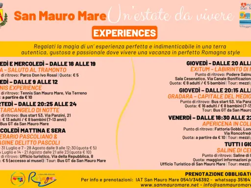 Programma "Experiences" a San Mauro Mare: yoga, tennis, escursioni e apericena per un'estate indimenticabile.