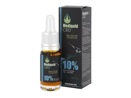 Olejek CBD Medigold pomógł mi odzyskać spokój. Złoty olej Full Spectrum 10% w szklanej buteleczce z pipetą.