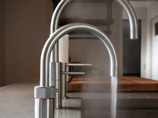 Zwei moderne Küchenarmaturen aus Edelstahl, eine davon mit Dampf. Gute Erfahrungen mit elektrischer Wasserhahn.