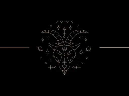 Tête de chèvre stylisée, ornée de symboles cosmiques et astrologiques. Le symbole capricorne, entouré d'étoiles et de planètes, évoque la magie céleste.