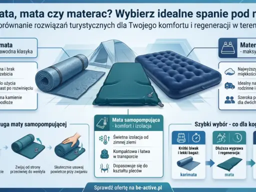 Jak działa mata samopompująca: odkręć zawór, poczekaj, zwiń od strony przeciwnej do wentyla, usuwając powietrze. Idealna na wyprawy.