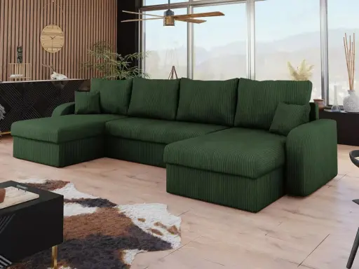 Divano angolare in velluto a coste verde foresta, con cuscini morbidi e un design moderno che invita al relax.