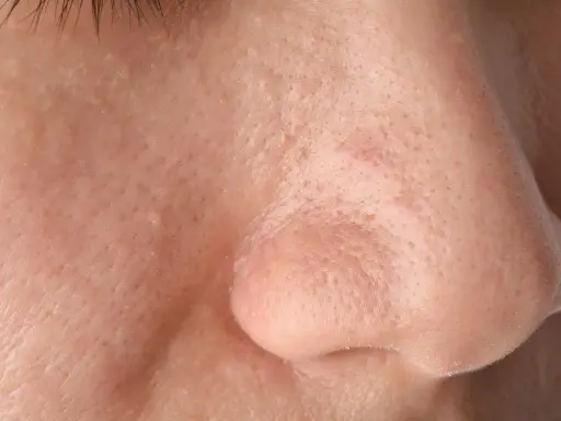 Widok z bliska na skórę nosa z widocznymi porami i drobnymi niedoskonałościami.