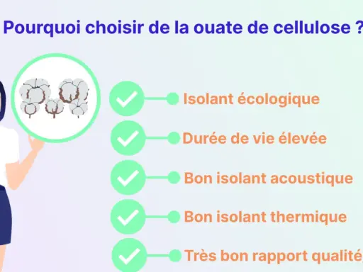 Une femme présente les avantages de la ouate de cellulose : isolant écologique, durable, acoustique, thermique et bon rapport qualité/prix.